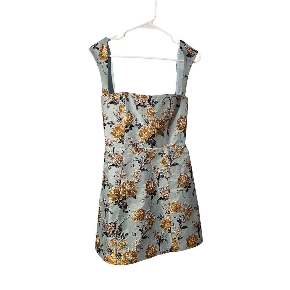 Women's Sleeveless Fit & Flare Dress Light Blue Yellow Metallic Floral Embroider